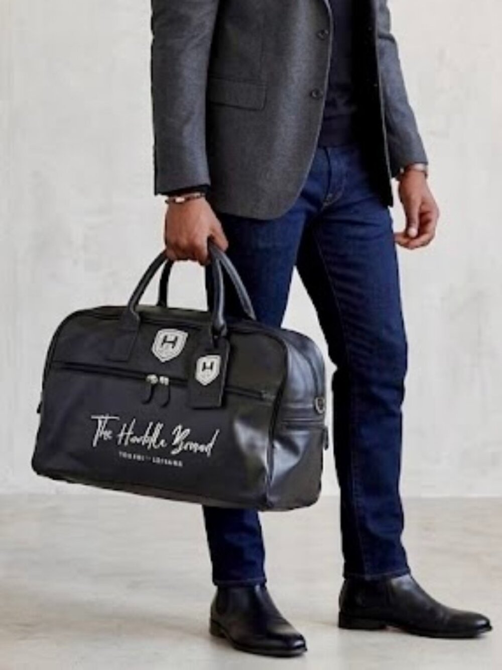 The Huddle Brand Black Leather Duffel Bag Weekender Travel Carry On Gym